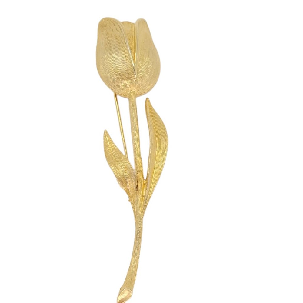 Vintage BSK Large Tulip Flower Brooch 3 2/3 Inches Retro Gold Tone Signed Brooch